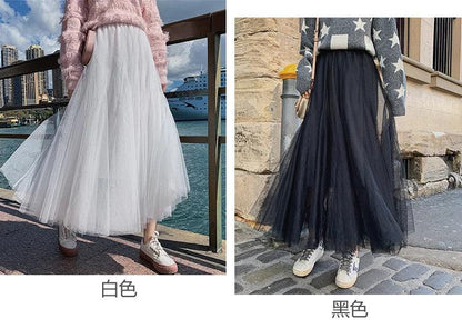 TingYiLi Elegant Tulle Skirt Autumn Winter Big Swing Women Skirt Korean Cute Pink Green Gray Blue Brown Black Long Skirt Tutu
