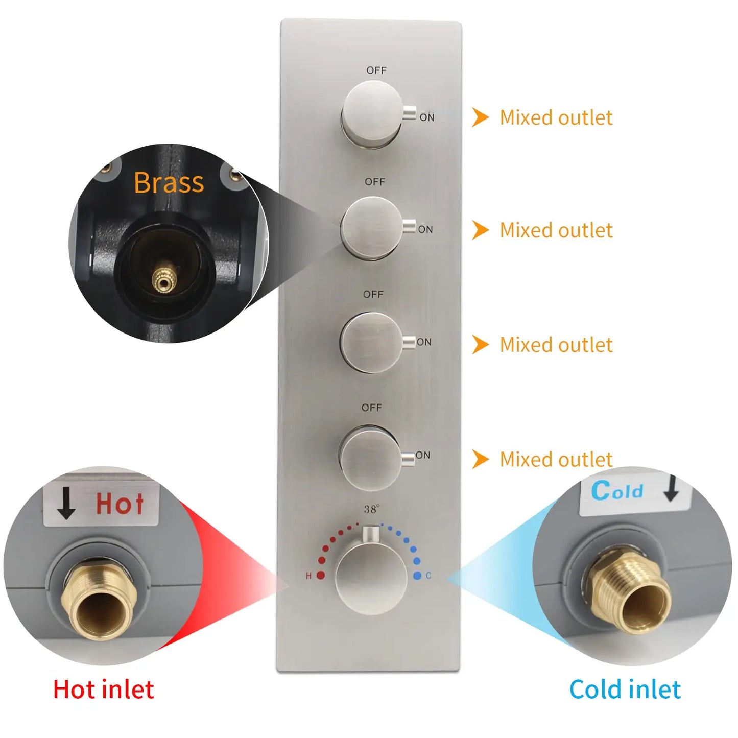 Modern 4 Way Thermostatic Shower Mixing Valve Concealed 5-Handle Brass Diverter Controlled Flow Polished Bronze Brushed Nickel