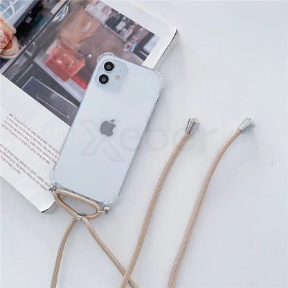 Necklace Lanyard Strap Chain Phone Case For iPhone 16 15 14 13 Pro Max 12 11 XS X XR Mini 7 8 Plus Transparent Soft Rope Cover