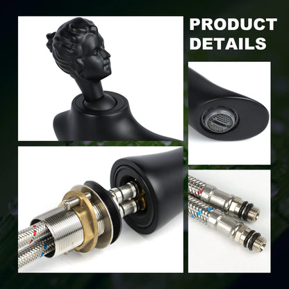 Brass Matte Black Thermostatic Vessel Sink Faucet-Vintage Statue Design Single Handle Tall Spout for 1 Hole Deck Mount