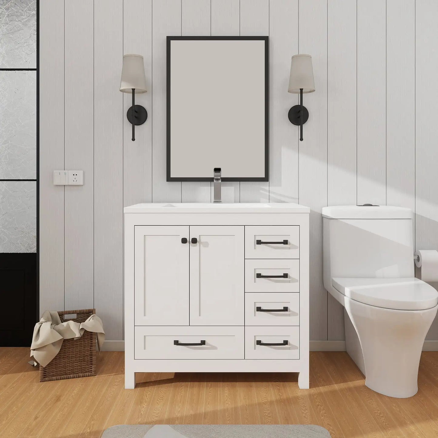 US Stock 36inch Fast Free Shipping Ready to Assemble Apartment Size Flat Pack Morden Bathroom Vanity with Single Sink