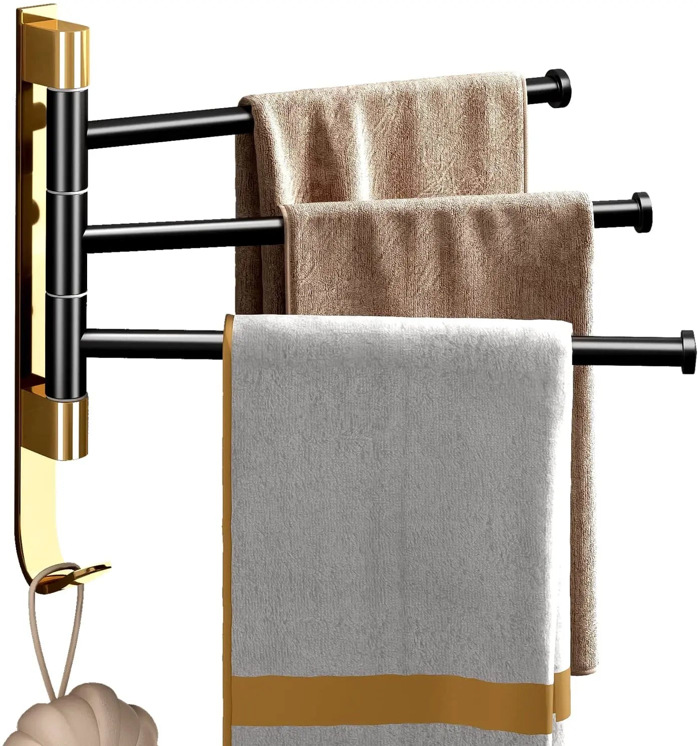 Hongdec Modern Bronze Finish Aluminum Double Towel Bars with Hooks for Bathroom Swing Towel Rack 3-Year Warranty