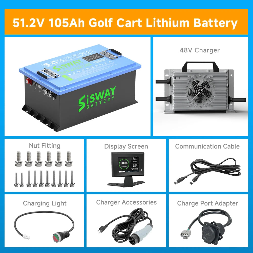 48V 105AH Golf Cart Bluetooth LiFePO4 Battery (Replace Lead Acid) with 48V 20A Lithium Batteries Charger 200A BMS Grade a Cells
