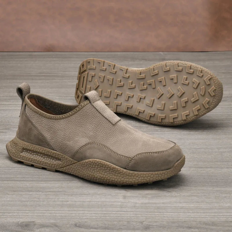 Men Slip-On Retro Shoes Genuine Cow Leather Round Toe Mesh Lining Rubber Outsole Breathable Walking Style Shoes