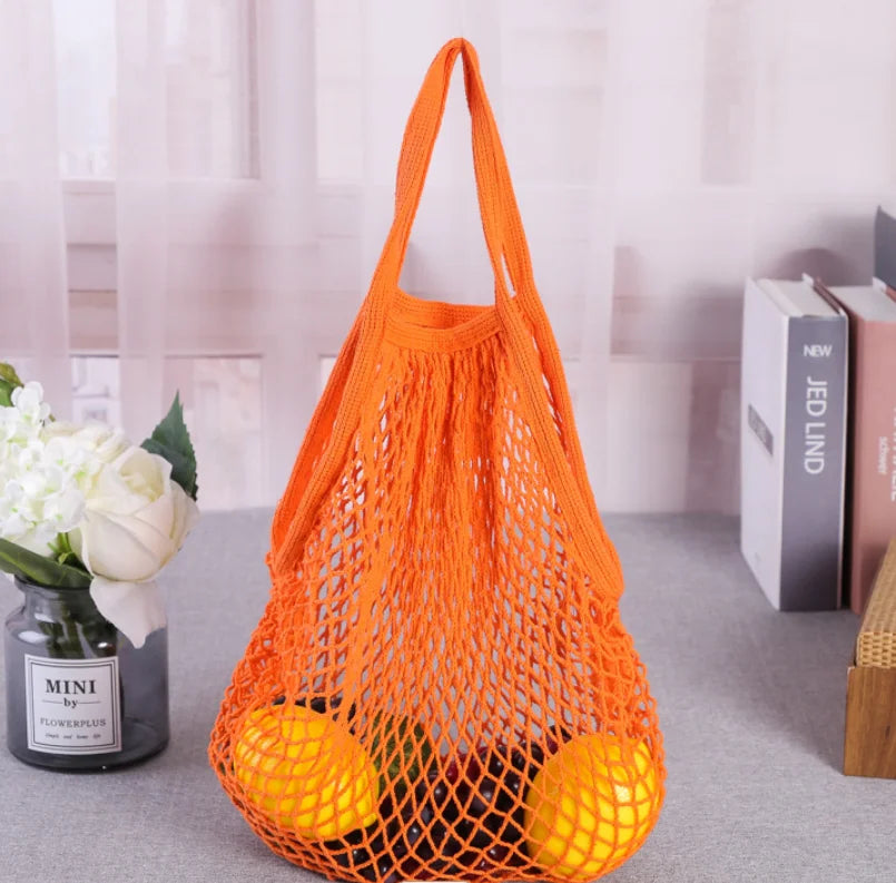 Recycled Reusable Cotton String Mesh Net Shopping Bag Long Handle Fruit Vegetable Grocery Produce Tote for Daily Life Letter
