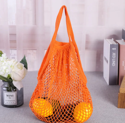 Recycled Reusable Cotton String Mesh Net Shopping Bag Long Handle Fruit Vegetable Grocery Produce Tote for Daily Life Letter