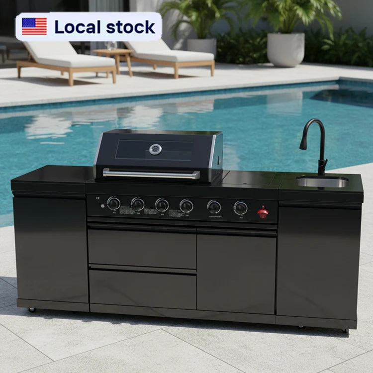 US in Stock Outdoor Kitchen Barbecue Island Black Stainless Steel Barbecue Island 4 Burner BBQ Grill with Sink