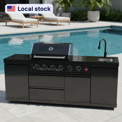 US in Stock Outdoor Kitchen Barbecue Island Black Stainless Steel Barbecue Island 4 Burner BBQ Grill with Sink