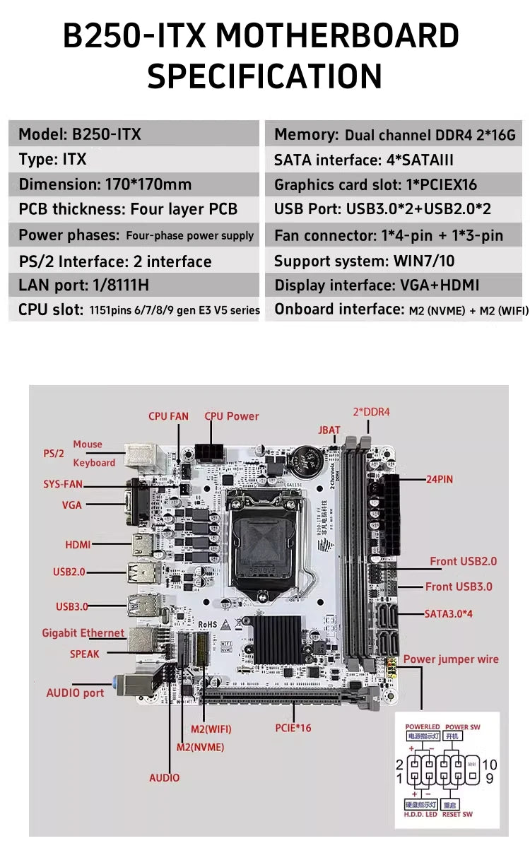 FEIFAN New H310 ITX White Motherboard Intel 6/7/8/9th Gen LGA1151 Double 32GB DDR4 VGA for M.2 SATA Desktop