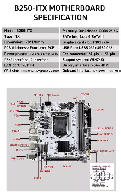 FEIFAN New H310 ITX White Motherboard Intel 6/7/8/9th Gen LGA1151 Double 32GB DDR4 VGA for M.2 SATA Desktop