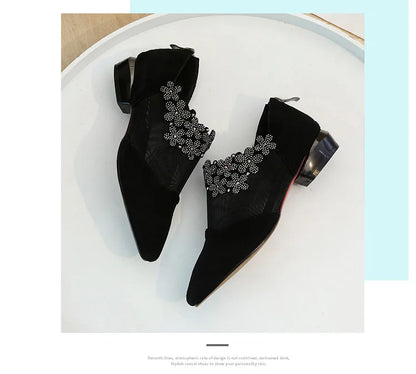 Women 2025 Summer Fashion Black Lace Rhinestone Sandals Flowers Low Heel Sandals Mesh Plus Size Sandalias Mujer Casual Shoes