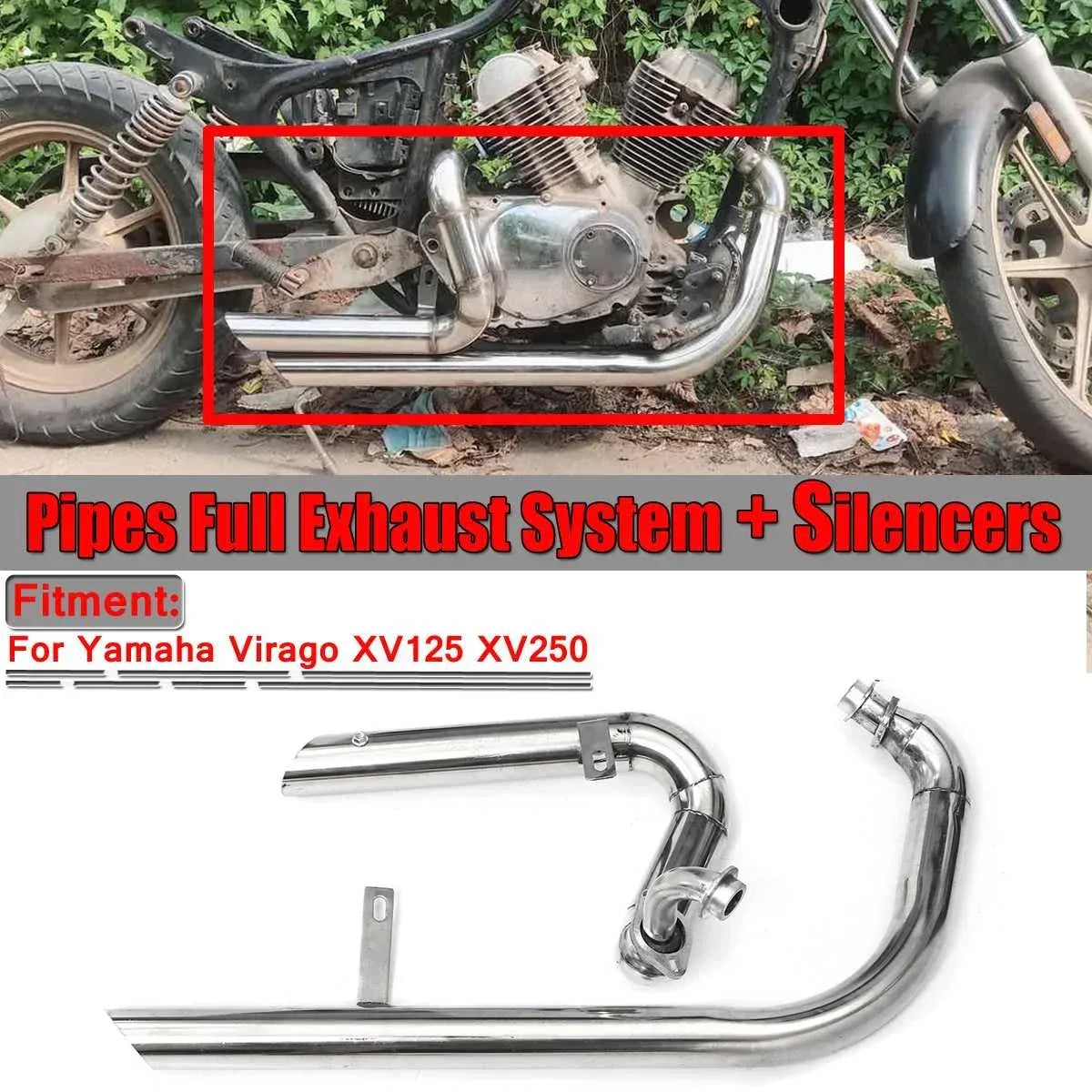 Motorcycle Long Exhaust Muffler Pipe Full System + Silencer for Yamaha Virago XV125 XV250 Moto Stainless Steel Exhaust Pipes