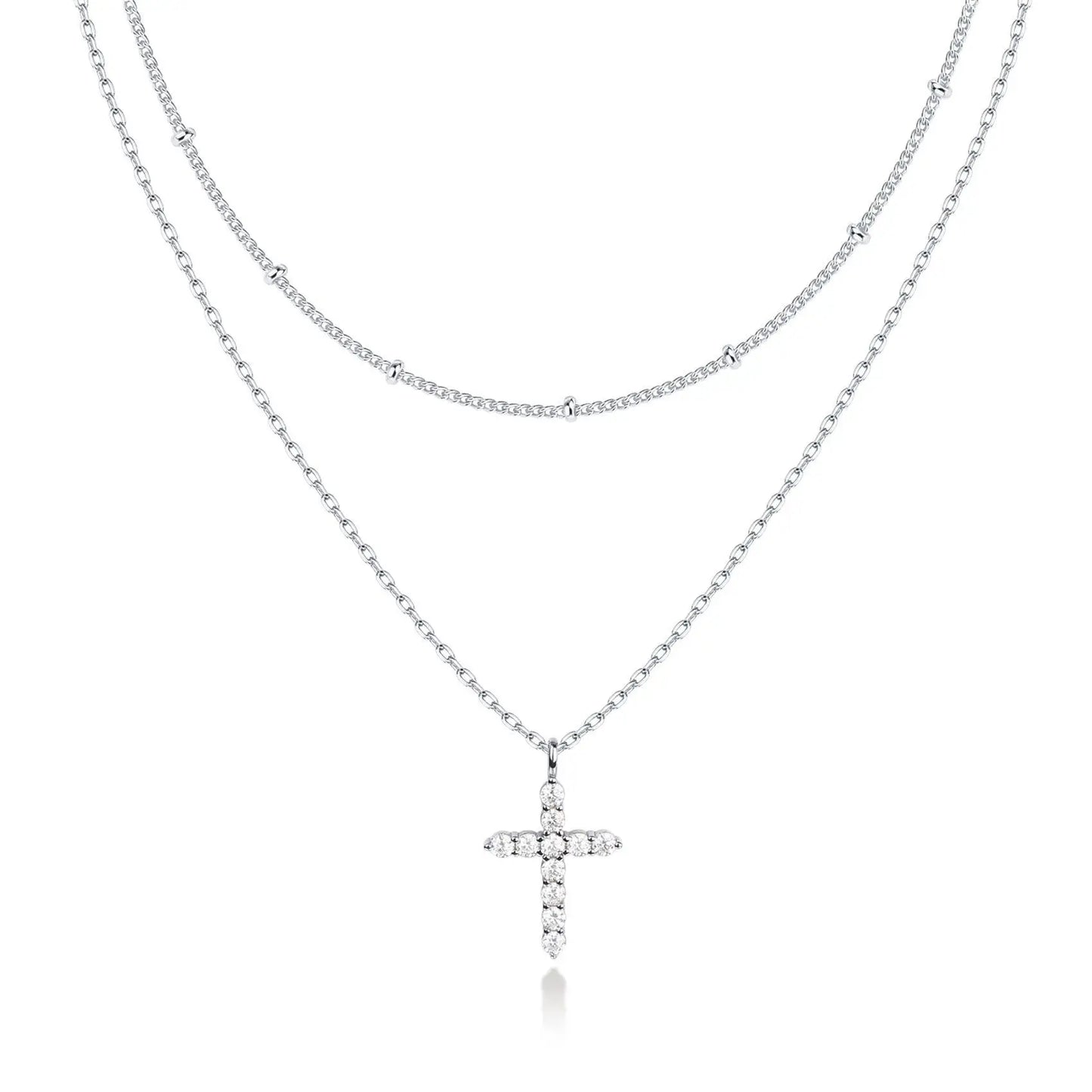 Luxury Hypoallergenic 18K Gold Plated Stainless Steel Double-Layer Micro Inlaid Zircon Cross Necklace with Adjustable Chain