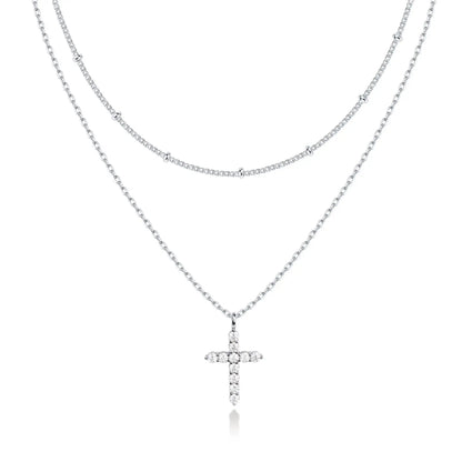 Luxury Hypoallergenic 18K Gold Plated Stainless Steel Double-Layer Micro Inlaid Zircon Cross Necklace with Adjustable Chain
