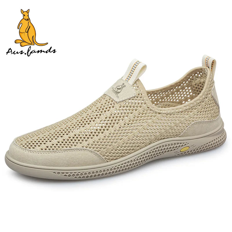 Lightweight Men's Kangaroo Logo Pigskin Leather Casual Sport Slip-On Running Shoes Breathable Soft Fabric Summer Walking Sandals