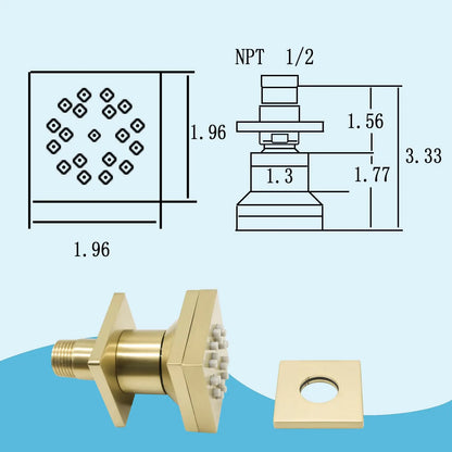 6-Piece 2-Function Square Rainfall Shower Set Brushed Brass Finish Wall-Mounted Contemporary Design High Pressure Thermostatic