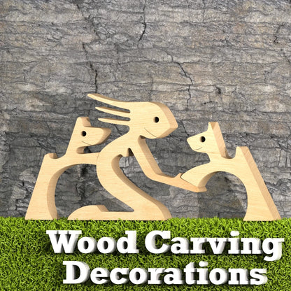 Family Puppy Wood Dog Craft Figurine Desktop Table Ornament Carving Model Home Office Decoration Pet Sculpture Christmas Gift