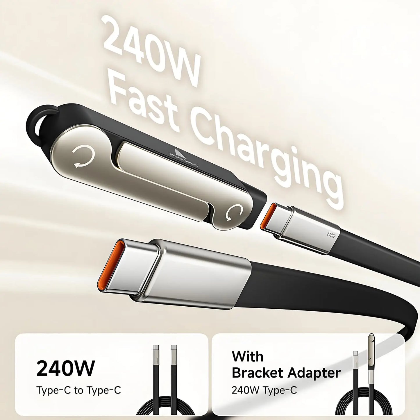 240W 2-in-1 Black/Orange Fast Charging Foldable Nylon Bracket Type-C to Type-C Data Cable with Phone/Tablet Stand for IOS