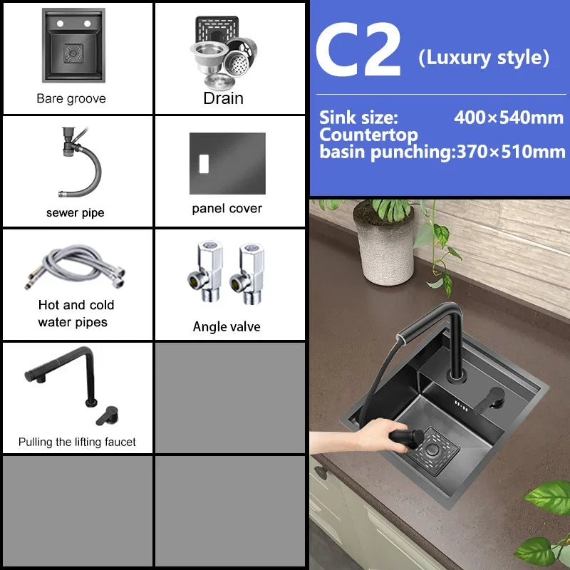 Rice Grain Emboss Stainless Steel Kitchen Sink Small Single Slot Hidden Multifunctional RV Bar Sinks With Lid Undermount Basin