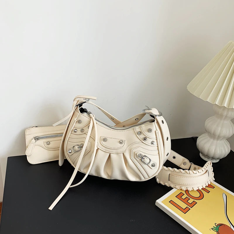 MOQ 1PC Wholesale Ladies Rivet Classic Motorcycle 2-in-1 Crescent Pleated One Shoulder Messenger Underarm Dumpling Bag