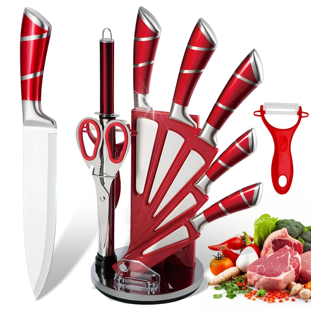 9Pcs Professional Chef Knife with Rotatable Block,Non Stick Sharp Stainless Steel Kitchen Knife Set with Sharpener for Home Cook