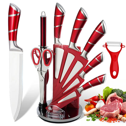 9Pcs Professional Chef Knife with Rotatable Block,Non Stick Sharp Stainless Steel Kitchen Knife Set with Sharpener for Home Cook