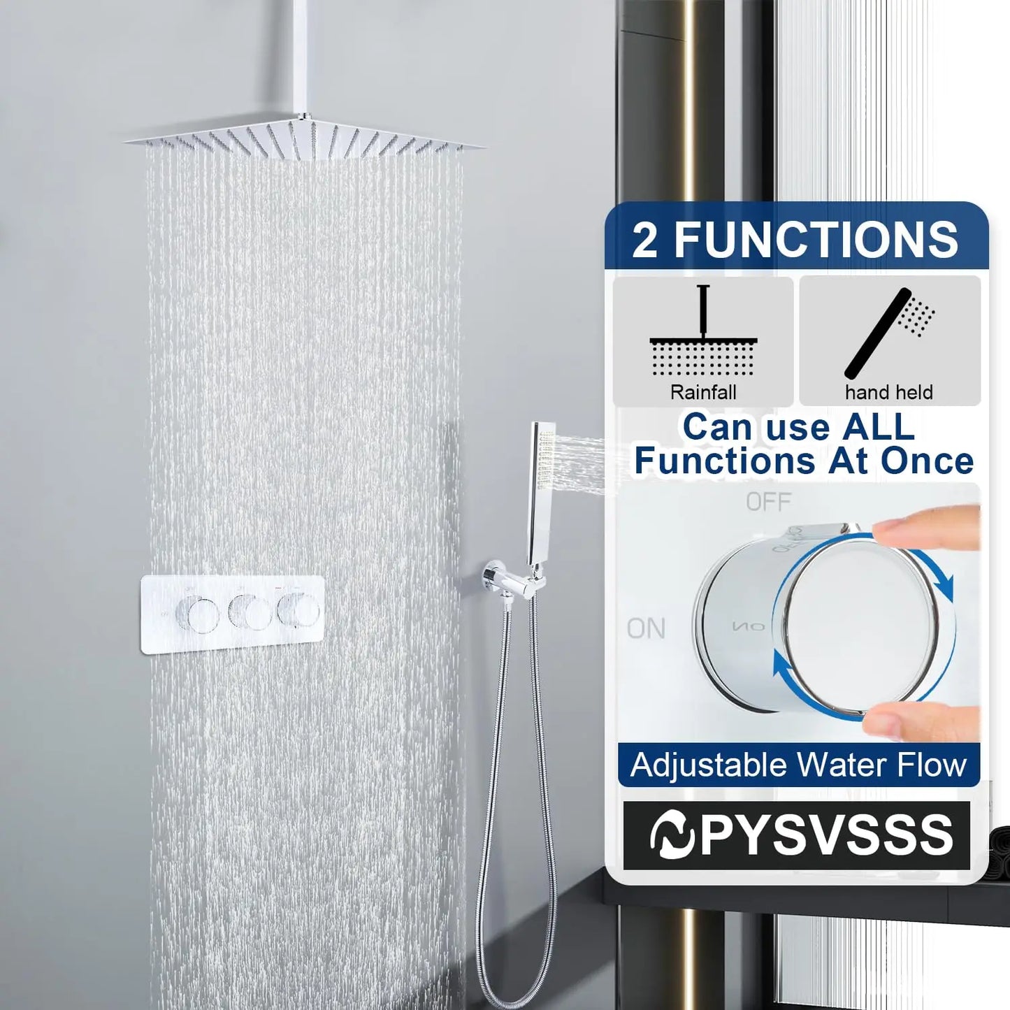 2-Way Shower Diverter Thermostatic Valve 3-Handle Multi-Function Brass Construction Tempered Glass Panel Hotel Polished Modern