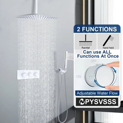 2-Way Shower Diverter Thermostatic Valve 3-Handle Multi-Function Brass Construction Tempered Glass Panel Hotel Polished Modern