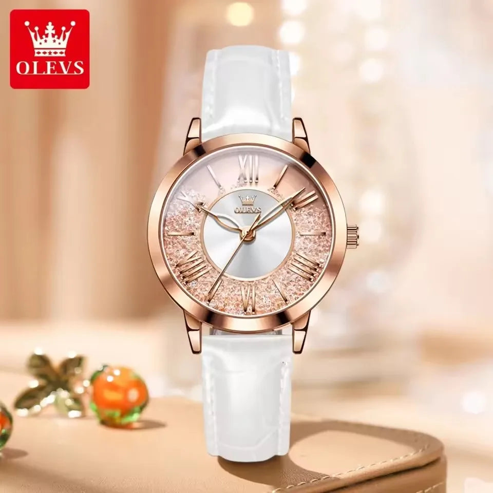 OLEVS 5539 Elegant Fashion Women's Watches Flowing Sand Ice Crystal Dial Quartz Watch Waterproof Leather Strap Lady Wristwatch