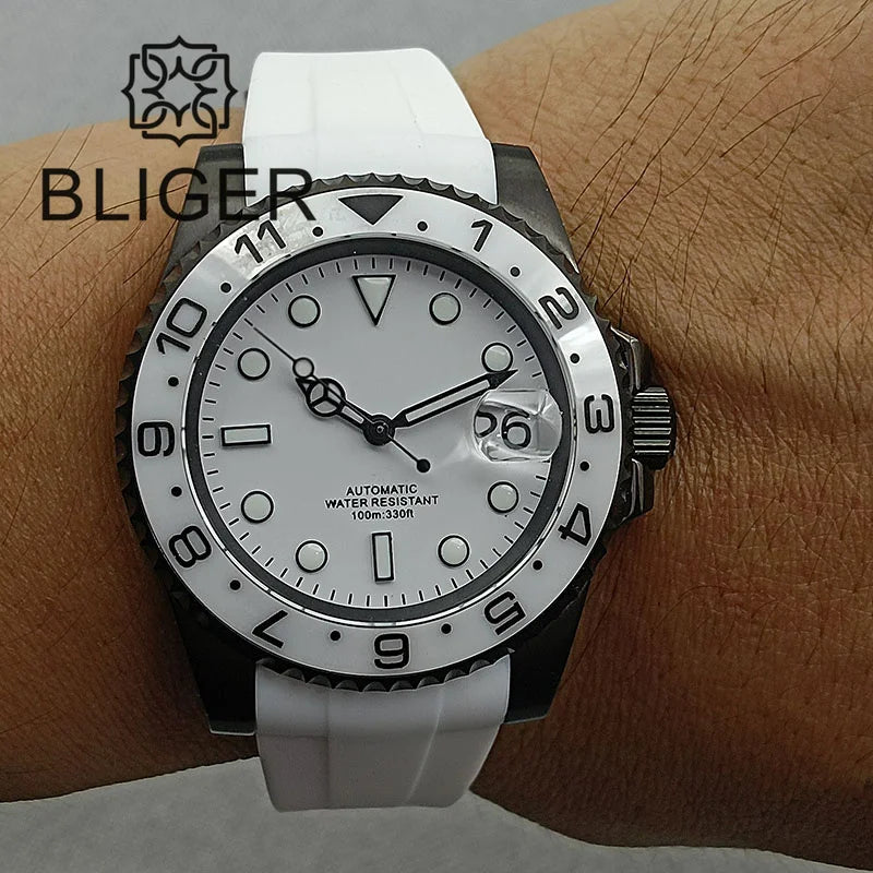 BLIGER 40mm NH35A Automatic Watch for Men White Ceramic Bezel Black  Case Green Luminous Date Magnified Rubber Strap