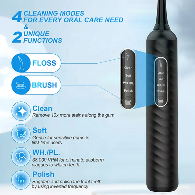3-in-1 Sonic Electric Toothbrush Water Flosser 38K VPM 4 Cleaning Modes Teeth Whitening Gum Care IPX7 Medium Tartar Removal