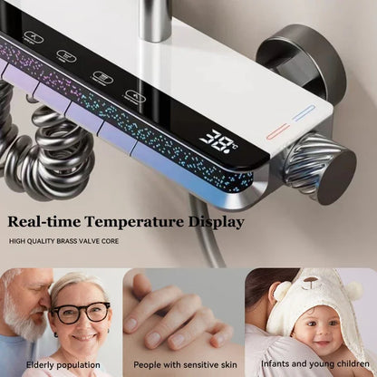 Contemporary Stylish Design Brass Smart Thermostat Grey SPA Soft Jet Rain Bath Shower Faucet Set with Brushed Surface for Villas