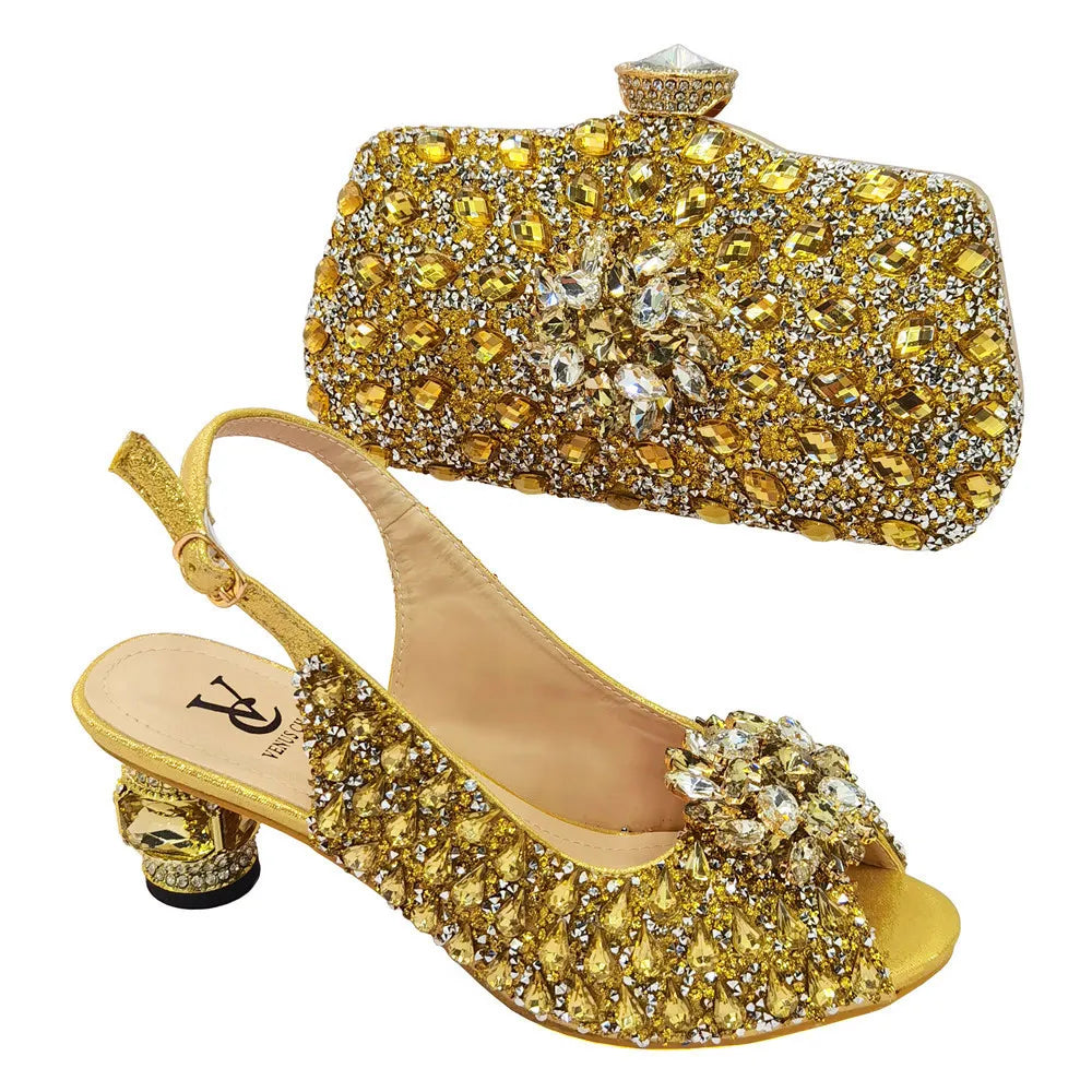 Ladies Italian Shoes and Bag Set Decorated with Rhinestone Matching Shoes and Bag Set In Heels Women Comfy Platform Sandal Shoes