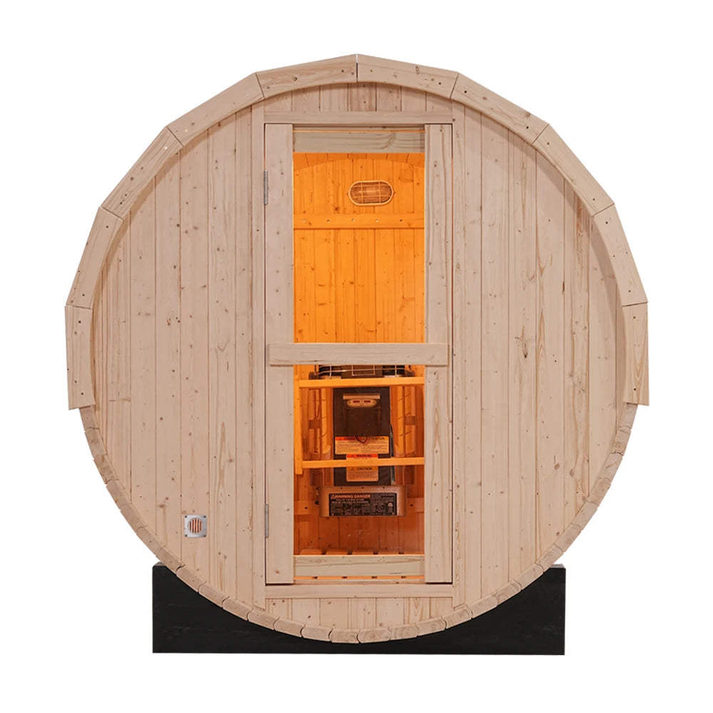 Premium White Pine Outdoor Barrel Sauna Durable Asphalt Shingle Covered Sauna Cabin for Outdoor Relaxation