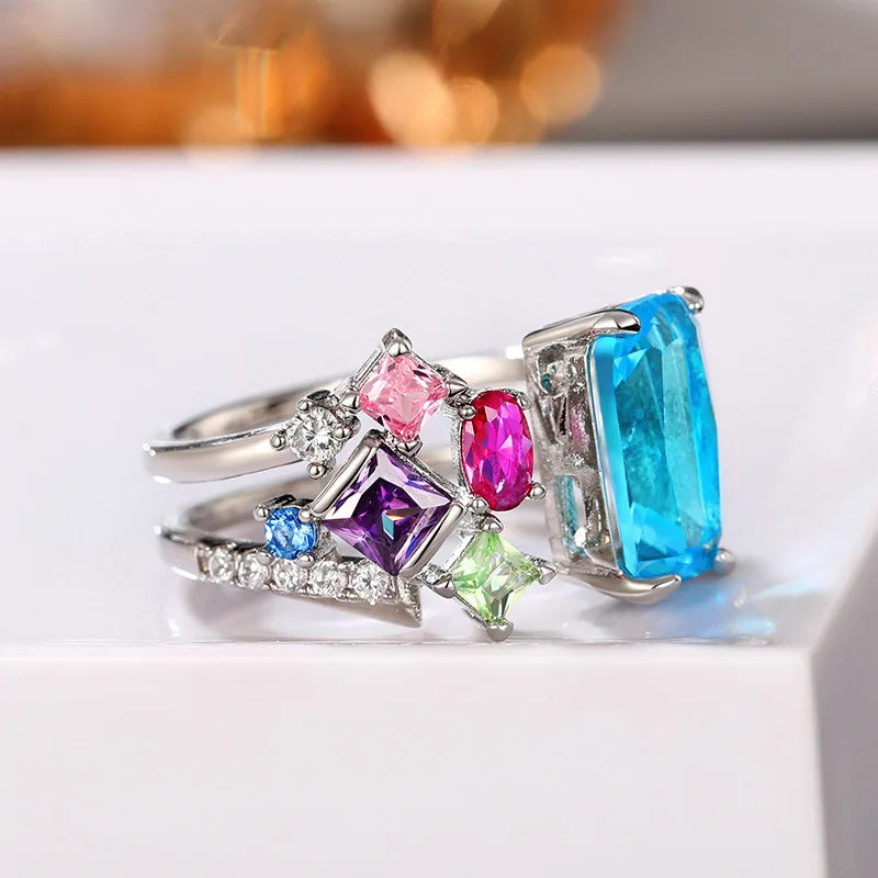 Q466 Women's Cocktail Ring Natural Aquamarine Emerald Cut Prong Setting Wedding Engagement Fashion Geometric Design