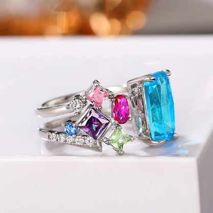 Q466 Women's Cocktail Ring Natural Aquamarine Emerald Cut Prong Setting Wedding Engagement Fashion Geometric Design
