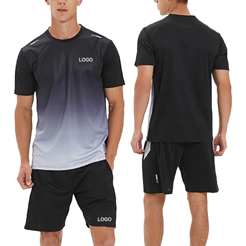 In Stock Fitness Workout Sports Quick Dry T Shirt Shorts 2 Pieces Sets 100% Polyester Custom Running Gym Tracksuits for Men
