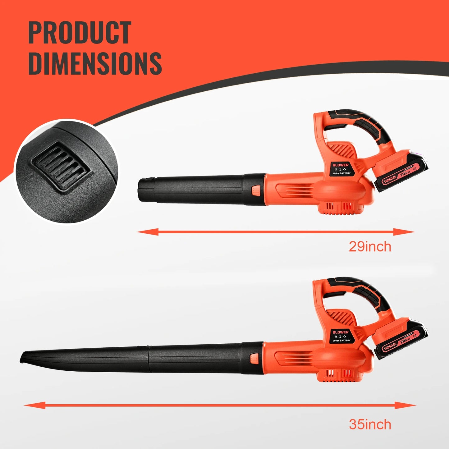 21V Orange Cordless Leaf Blower Lightweight & Powerful with Dual Li-ion Battery(Including Charger) High-Speed Handheld Blower