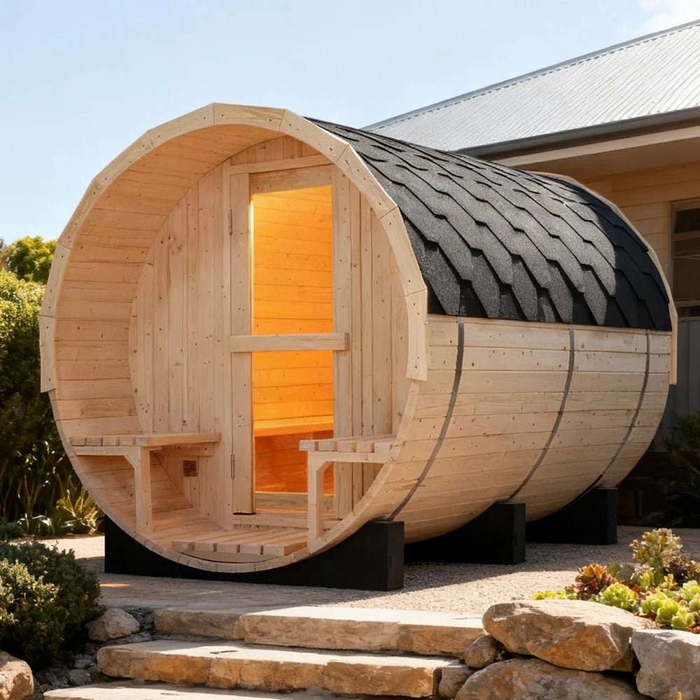 10% Off Waterproof White Pine Sauna Barrel Promotional Sauna Room Outdoor for 6-8 Persons With Heater and Interior Decoration
