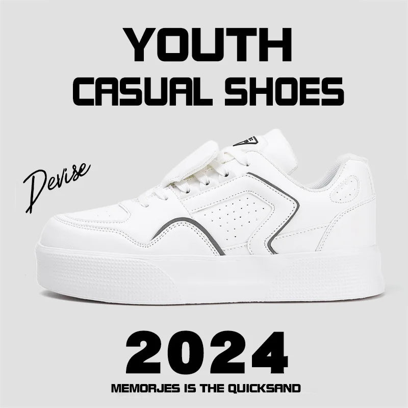 Devise White Men's Platform Sneakers Low Heel Lace-up Synthetic Upper PU Lining Rubber Outsole Comfort Walking Size 46 47
