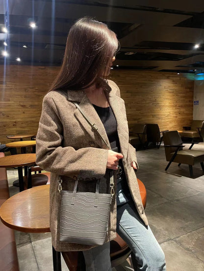 Luxury Ladies Casual Handbags Women'S Embossed Crocodile Genuine Cowhide Leather Tote Bucket Crossbody Shoulder Bag Purses