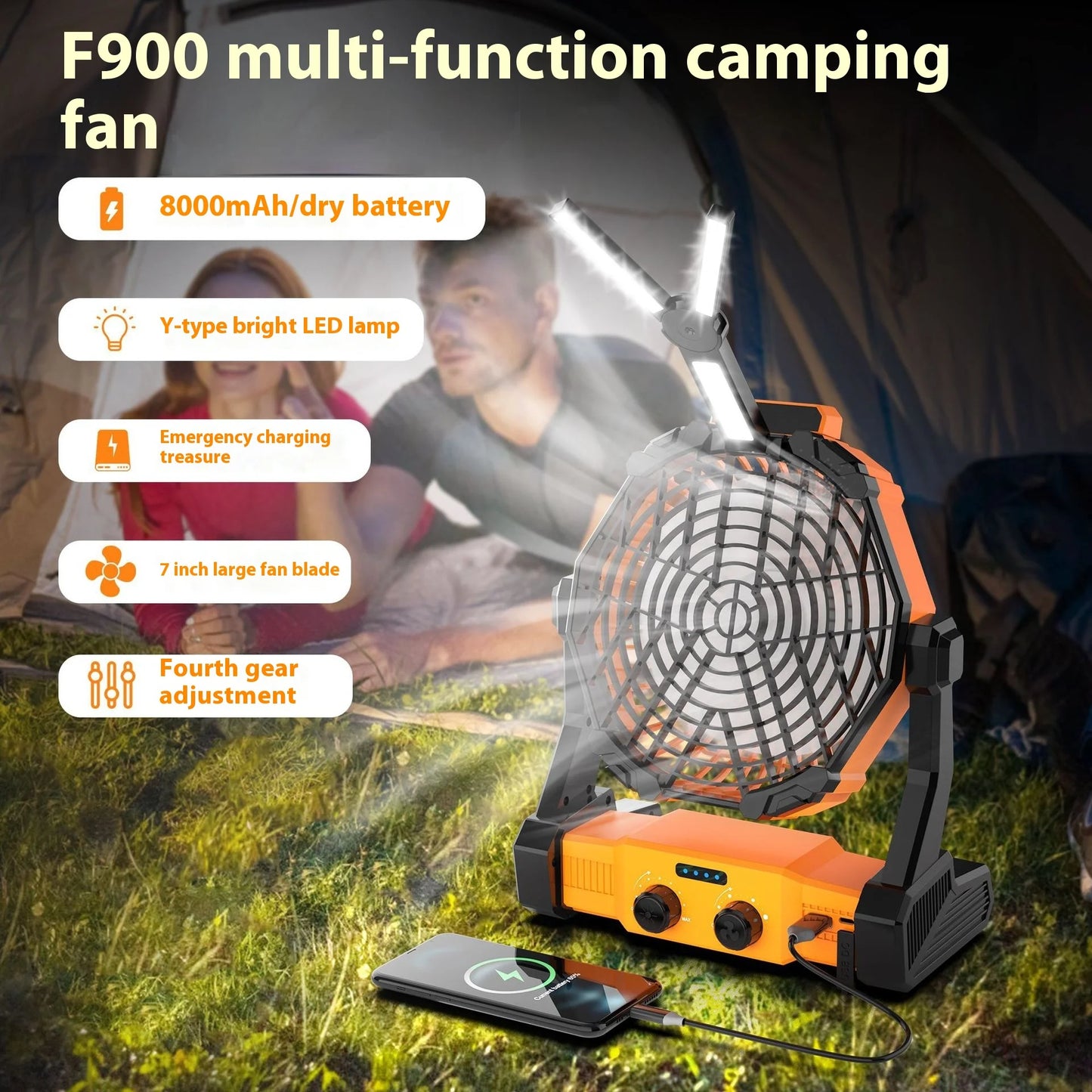 Portable Outdoor Solar Ventilation Fan for Camping for Tent Lighting Charging Dry Battery Four Wind Speed Fan Lighting Treasure