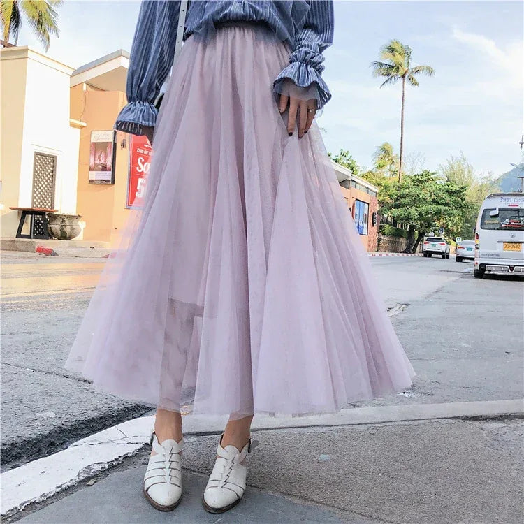 TingYiLi Elegant Tulle Skirt Autumn Winter Big Swing Women Skirt Korean Cute Pink Green Gray Blue Brown Black Long Skirt Tutu