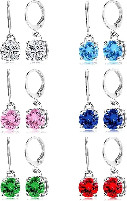 6 Pairs Leverback Drop Dangle Earrings Set Multicolor Round CZ Hoop Earrings 8MM for Women