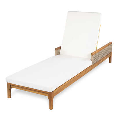 Modern Solid Acacia Wood Outdoor Sun Lounger Polyester Beige Light Grey Cushions Durable Frame Tilting Feature Patio Leisure