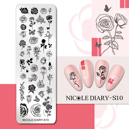 NICOLE DIARY Rose Flower Nail Stamping Plates Image Template Valentine's day Love Heart Printing Stencil Nail Art Manicure Tools