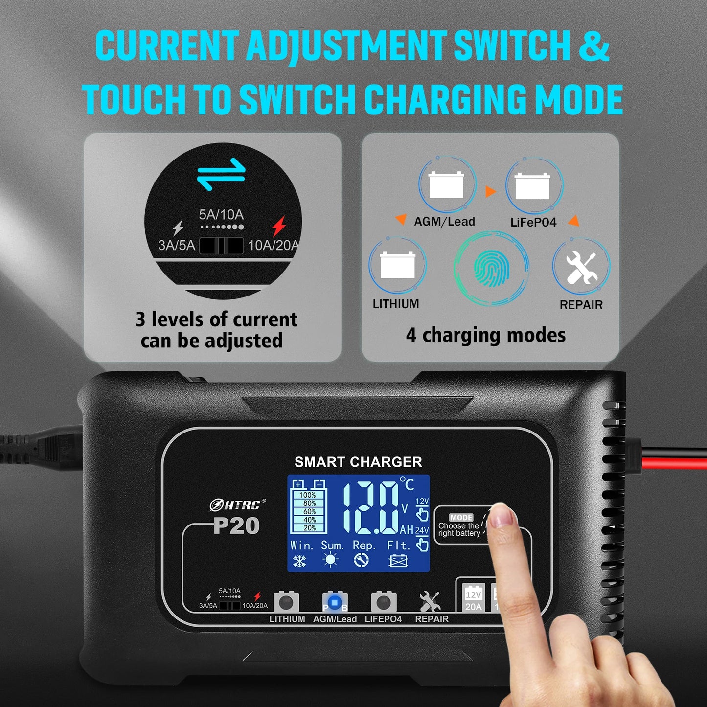 HTRC 20-Amp Smart Battery Charger for Lithium LiFePO4 Lead-Acid AGM/Gel/SLA Batteries Car/Motorcycle/Scooter Trickle Charger