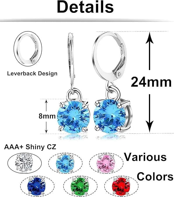 6 Pairs Leverback Drop Dangle Earrings Set Multicolor Round CZ Hoop Earrings 8MM for Women