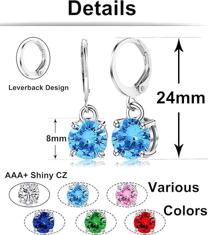 6 Pairs Leverback Drop Dangle Earrings Set Multicolor Round CZ Hoop Earrings 8MM for Women
