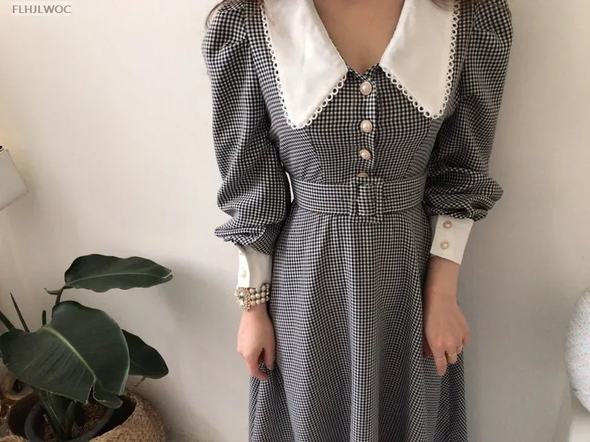 2021 Autumn Spring Basic Belt Plaid Shirt Dress Long Maxi Feminine Vestidos Chic Korea Design Clothes